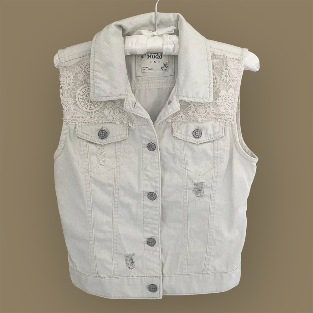 Mudd Crochet Lace Accent Denim Vest Festival Boho Cottagecore Size Small - Picture 2 of 11